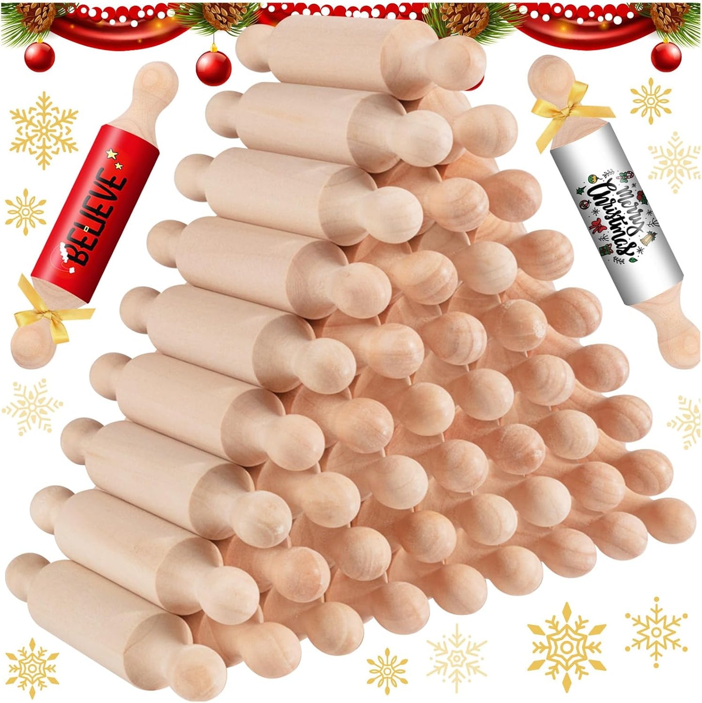 20PCS Mini Rolling Pins for Crafts, Small Wooden Dough Roller for Children in the Kitchen Baking and Imaginative Play, Wooden Tiered Tray Decorative for Halloween and Christmas Presents (4.1 Inches)