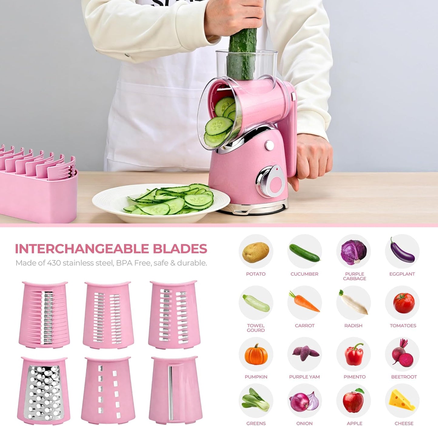 SUSTEAS Rotary Cheese Grater with Handle,Vegetable Slicer with 6 Interchangeable Blades, Reinforced Suction,Easy to Clean,Kitchen Shredder for Crushed Ice,Fruits and Nuts with Blade Storage Case,White
