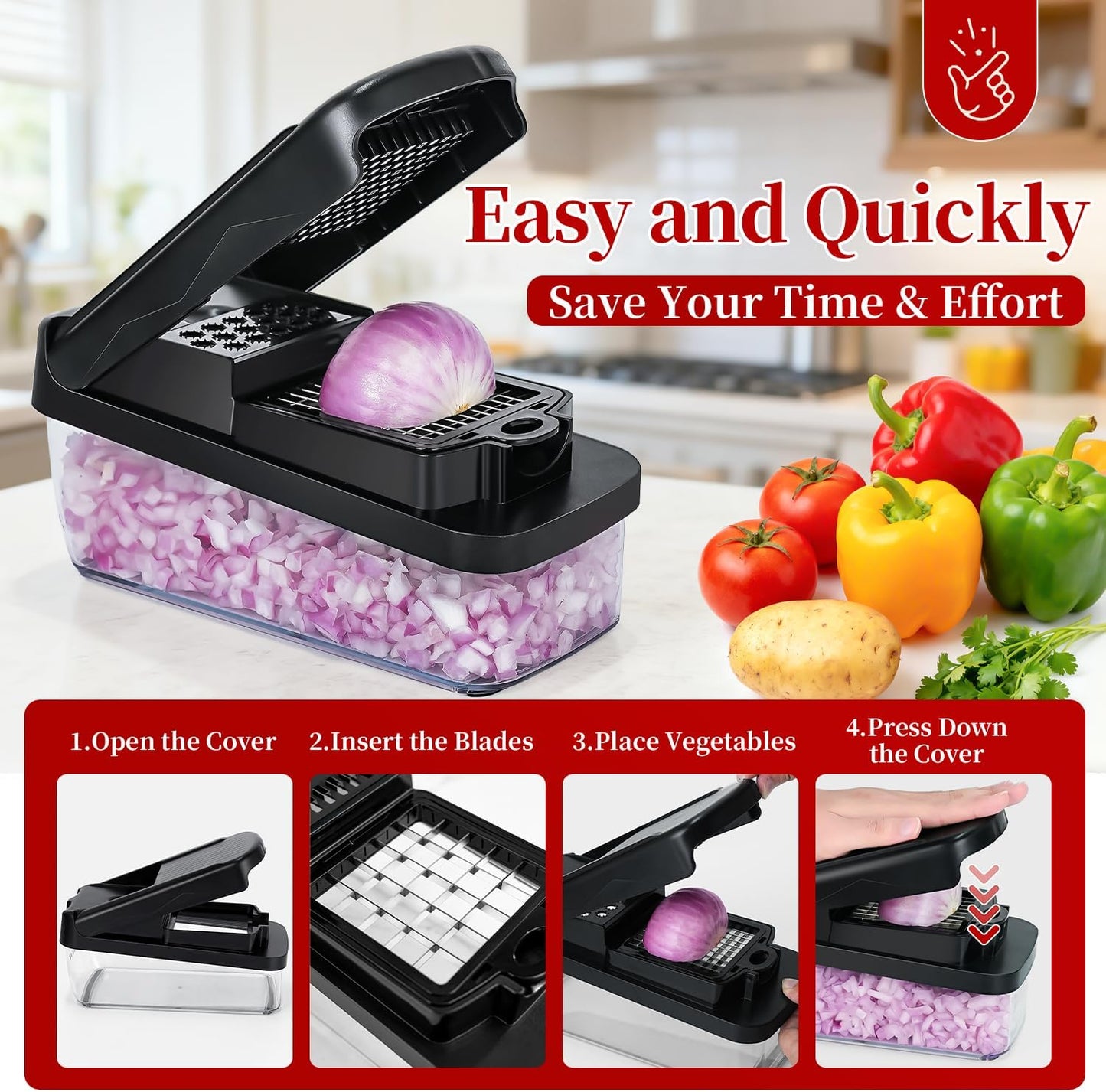 Vegetable Chopper Slicer Food Chopper with Container Veggie Dicer Cutter Salad Chopper Mandoline Slicer Cheese Grater Includes Hand Guards and Gloves & Kitchen Gadgets