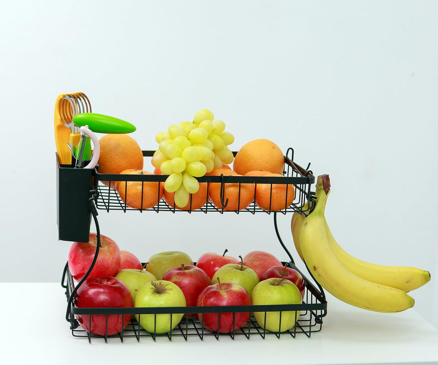 2 Tier Fruit Basket with Banana Hanger & Utensil Pocket – Metal Kitchen Counter Organizer for Fruits, Vegetables, Bread & Snacks + 3 Tools (Apple Corer, Banana Slicer, Peeler) – Perfect for Kitchen