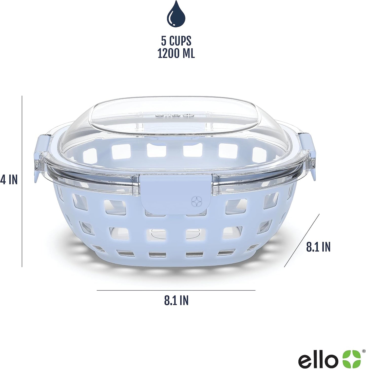 Ello DuraGlass Food Storage Glass Lunch Bowl - Meal Prep Container with Silicone Sleeve and Airtight Lid, 5 Cup, Yucca
