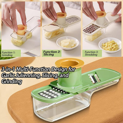 2Pcs Mini Garlic Slicers, Multifunctional Garlic Grinder, 3 in 1 Ginger Garlic Grater with Hand Guard, Multi-Functional Mandoline Slicer Container, Veggie/clove/Ginger Shredders