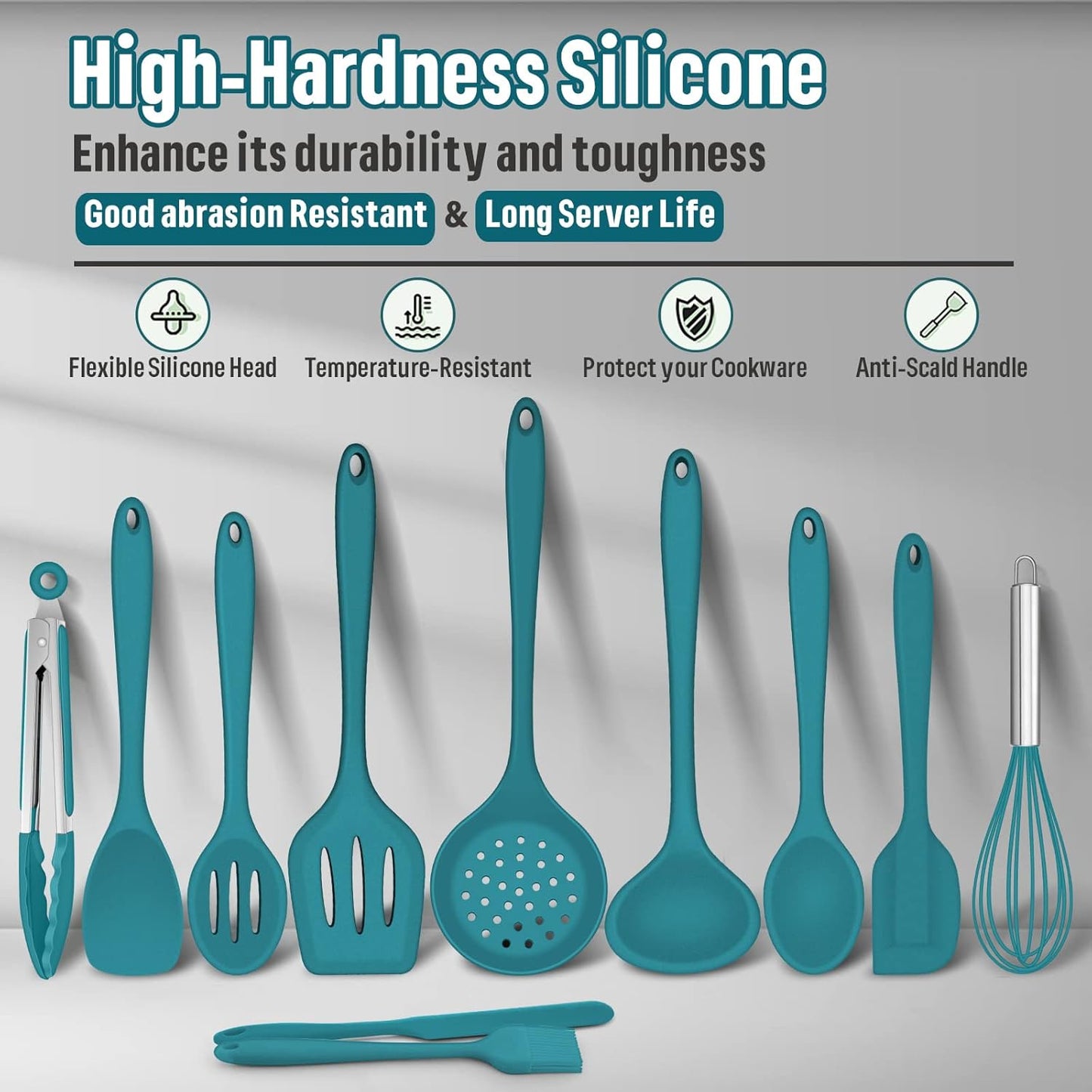 E-far Silicone Cooking Utensils Set, 7-Piece Black Heat Resistant Kitchen Utensils Set, Kitchen Nonstick Tools Spatula Ladle Spoon Pasta Server for Non-stick Cookware, Non-Toxic & Dishwasher safe