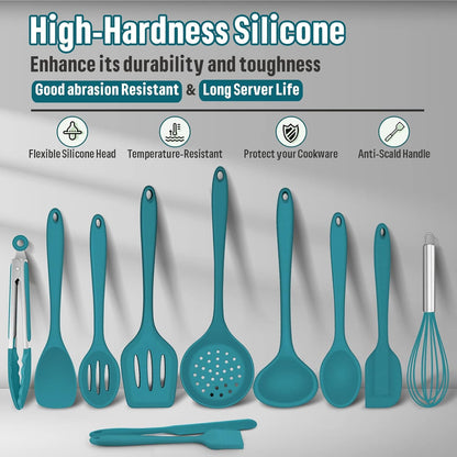 E-far Silicone Cooking Utensils Set, 7-Piece Black Heat Resistant Kitchen Utensils Set, Kitchen Nonstick Tools Spatula Ladle Spoon Pasta Server for Non-stick Cookware, Non-Toxic & Dishwasher safe