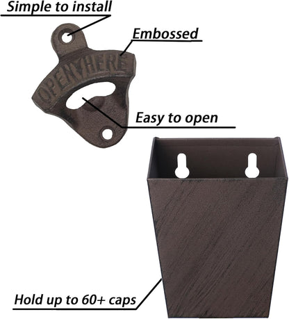 Satin Black Cast Iron Bottle Opener Wall Mounted with Bottle Cap Catcher Narrow