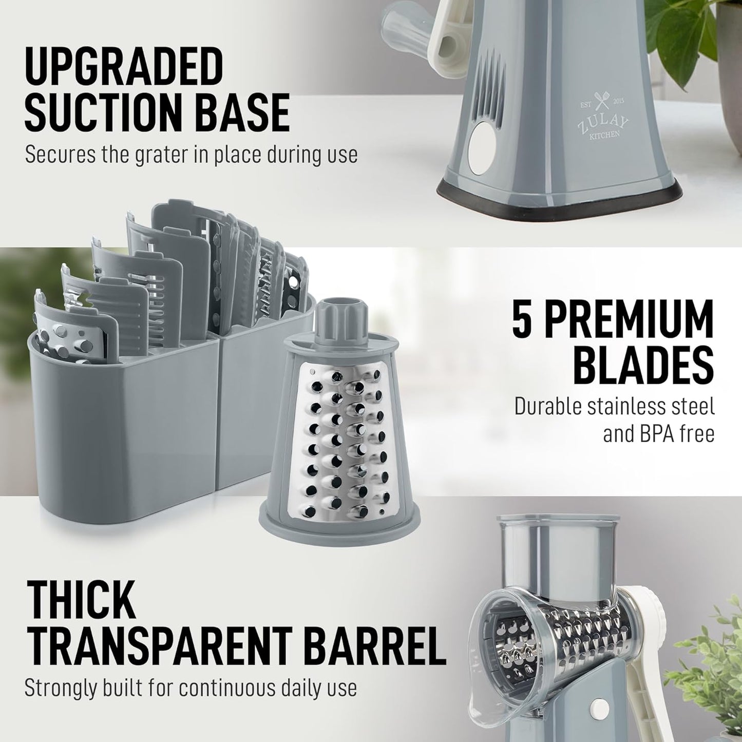 Zulay Kitchen Rotary Cheese Grater 5 Blade Cheese Shredder - Manual Hand Crank Cheese Grater With Reinforced Suction & 5 Interchangeable Drums - Easy to Use, Vegetable Chopper Round Mandoline Slicer - Colors A