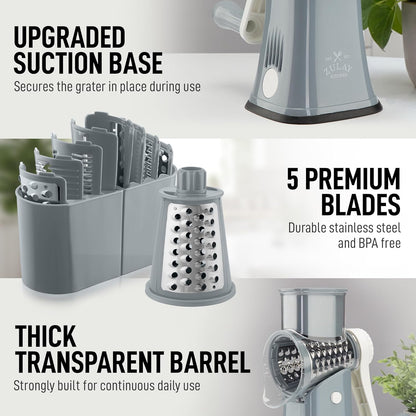 Zulay Kitchen Rotary Cheese Grater 5 Blade Cheese Shredder - Manual Hand Crank Cheese Grater With Reinforced Suction & 5 Interchangeable Drums - Easy to Use, Vegetable Chopper Round Mandoline Slicer - Colors A