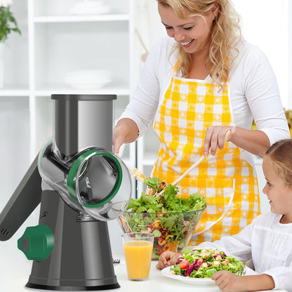 Ourokhome Rotary Cheese Grater Hand Crank, Kitchen Shredder Speed Mandolin Slicer Nut Grinder with Handle and Drum Blades for Cheese, Vegetable, Walnut, Chocolate, Potato, Carrot, 3 Blades, Dark Blue