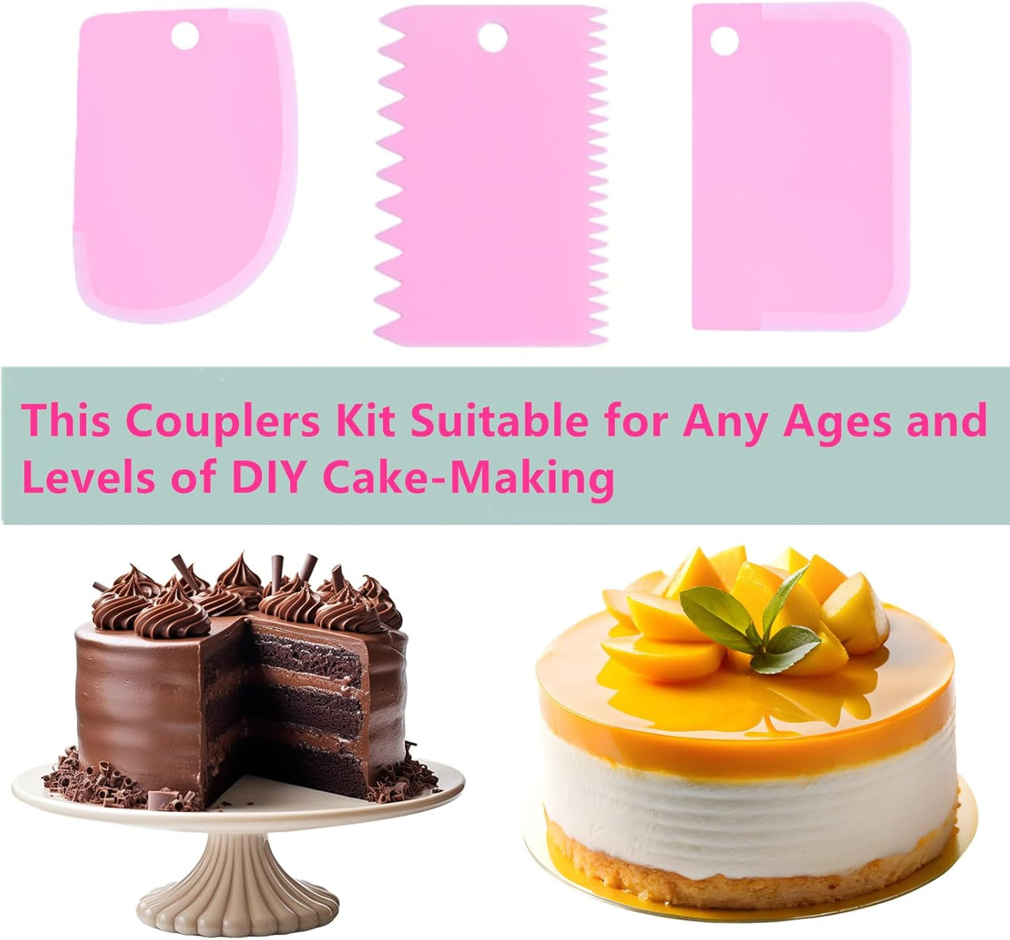 Dough Scraper Bench Scraper Dual Sided Comb Curved Flat Cake Scraper Tool,Decorating Comb,Plastic Sawtooth, 6Pcs, 4.7x3.4",Pink; for Baking,Non-Slip Bakeware Decorating Tools Sculpting&Modeling Tools