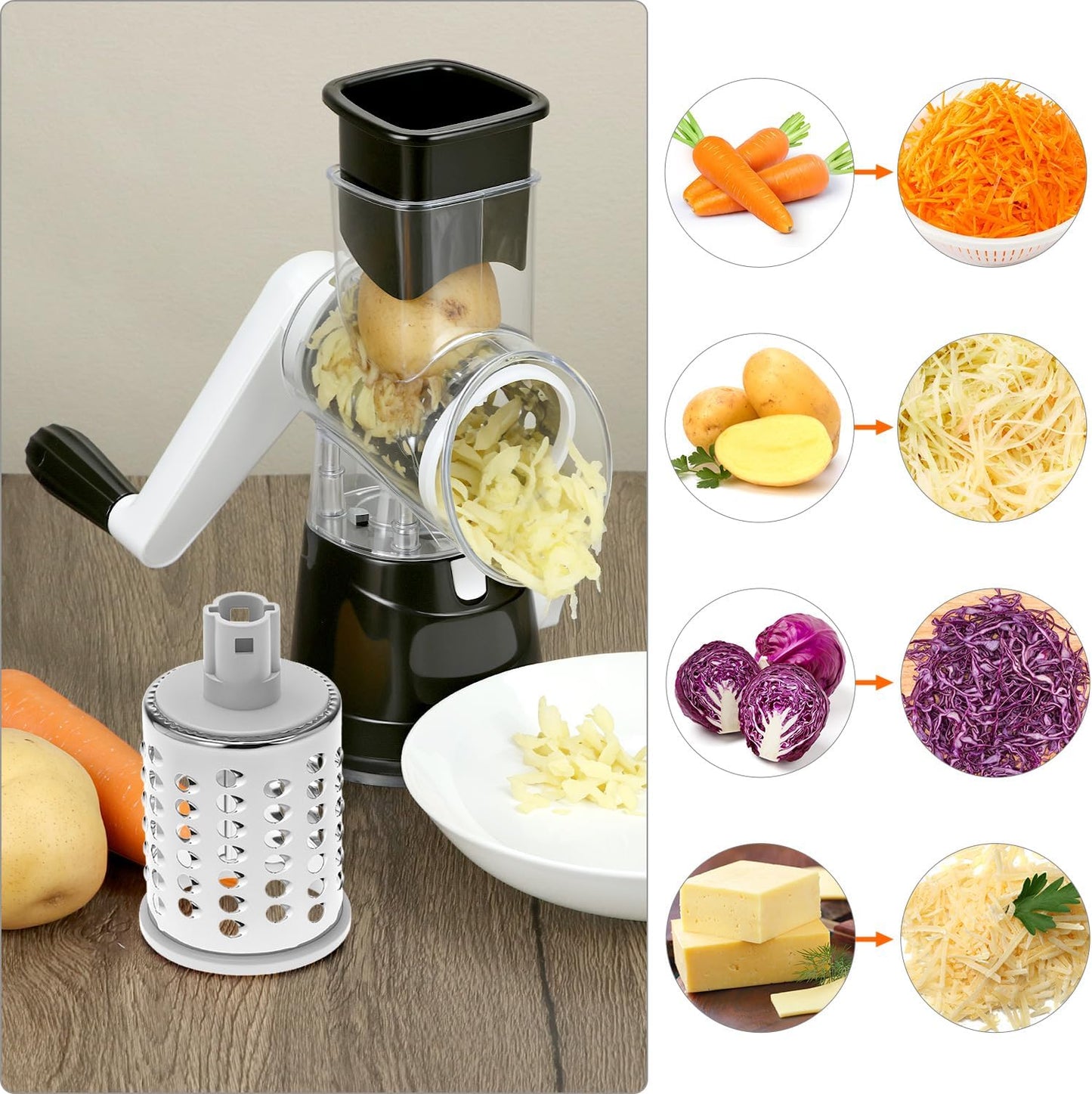 QWORK Cheese Grater Hand Crank, Rotary Vegetable Shredder, 3 in 1 Kitchen Speed Spin Veggie Slicer & Nut Grinder, Black