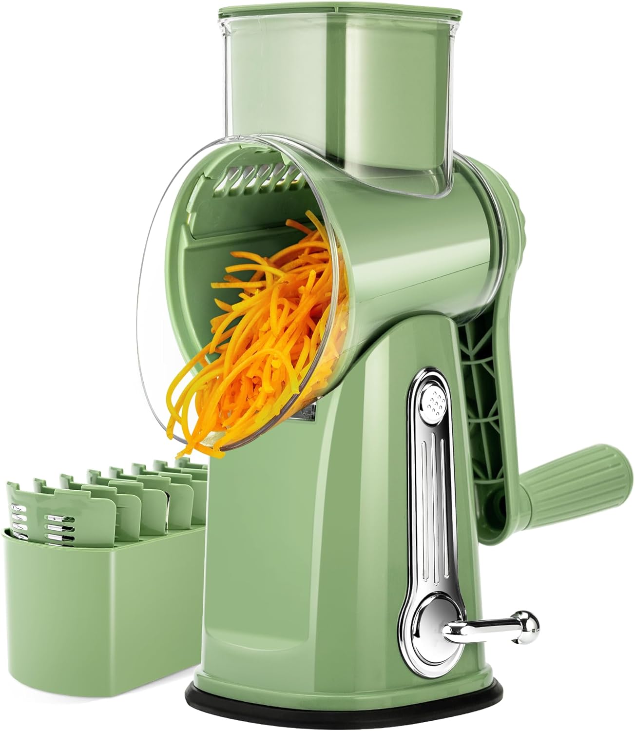 SUSTEAS Rotary Cheese Grater with Handle - Vegetable Shredder with 5 Well-designed Blades & Strong Suction Base,Round Mandoline Slicer & Food Chopper for Kitchen,with Blade Storage Box(Beige)