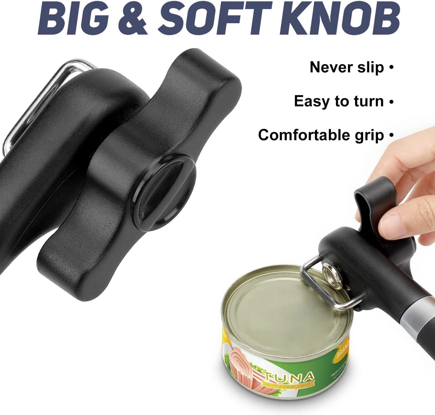 Side Cut Can Opener Smooth Edge, Safety Can Opener with Durable Sharp Blade, Big & Soft Turn Knob & Comfortable Non-Slip Handle, Black