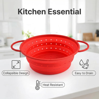 Collapsible Silicone Colander with Handles, Round Strainer with Stainless Steel Rim, Space Saving Kitchen Tool for Fruits & Vegetables,BPA-Free,Heat-Resistant Pasta Drainer(White, L)