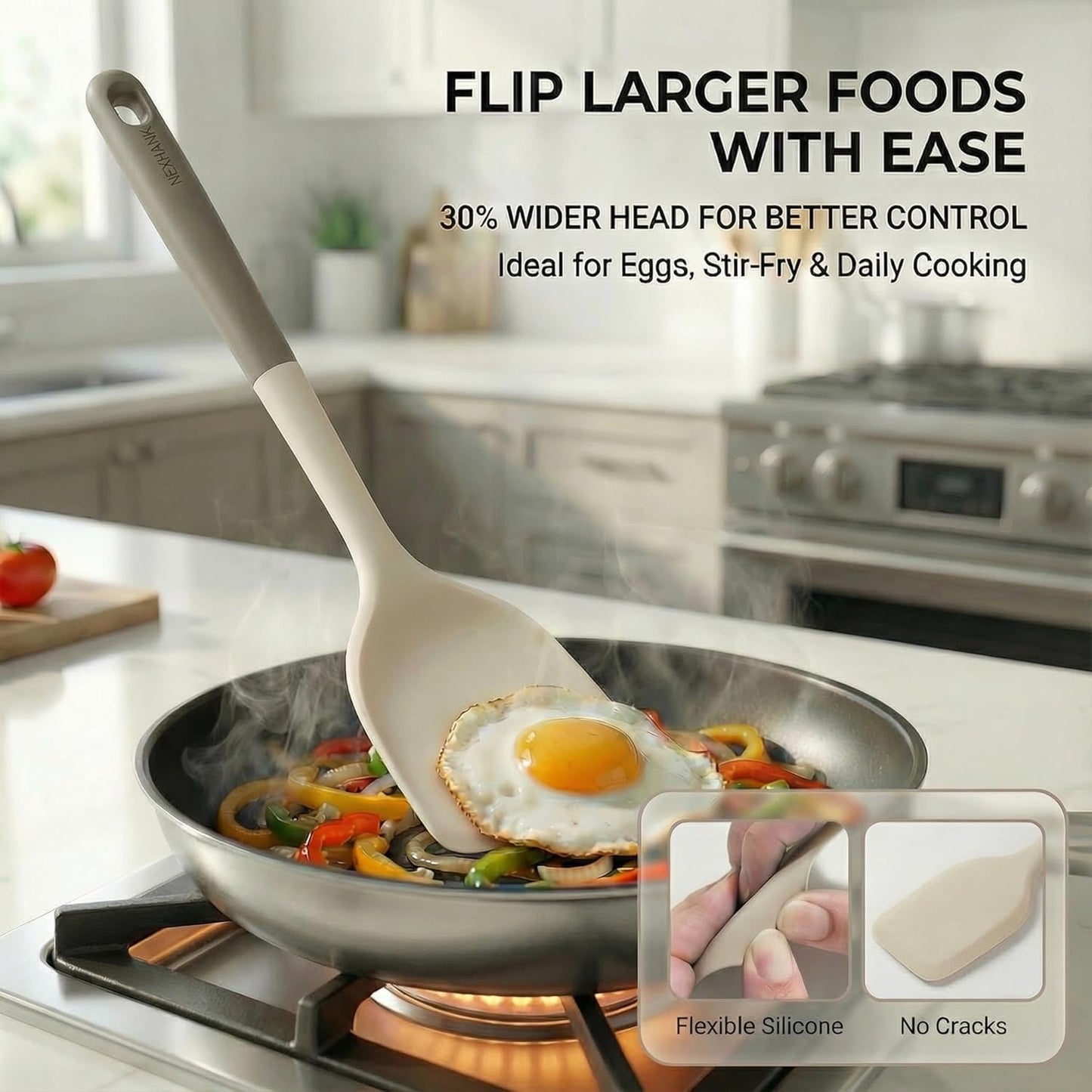 Silicone Kitchen Utensils Set, 6-Piece NON-PLASTIC 500°F Heat-Resistant BPA-Free Dishwasher Safe Cooking Tools with Upgraded Spatula,Turner Ladle Skimmer Pasta Fork Scraper, Cream White &Mocha
