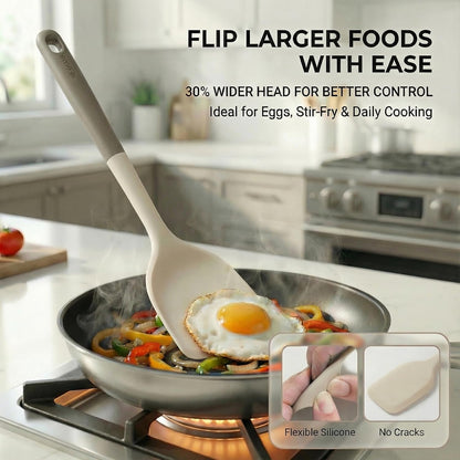 Silicone Kitchen Utensils Set, 6-Piece NON-PLASTIC 500°F Heat-Resistant BPA-Free Dishwasher Safe Cooking Tools with Upgraded Spatula,Turner Ladle Skimmer Pasta Fork Scraper, Cream White &Mocha