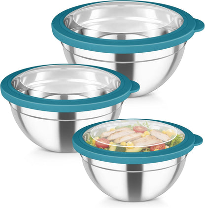 TeamFar Mixing Bowls with Lids, 4.5/3/1.5 QT Stainless Steel Nesting Salad Bowls with Airtight Lids, For Serving/Mixing/Storing/Prepping, Healthy & Sturdy, Visible & Easy Clean, Khaki, Set of 3