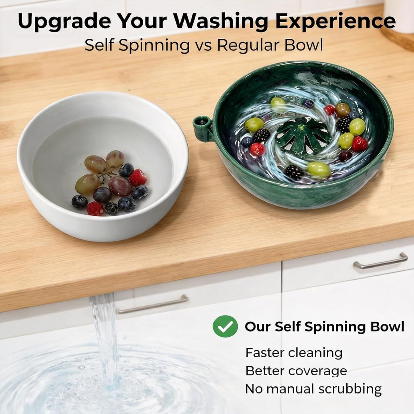 Self Spinning Berry Washing Bowl, Berry Rinse Bowls with Holes Ceramic, Fruit Washer Spinner with Strainer and Colander, Handmade Berry Colander Vegetables for Kitchen (1pc)