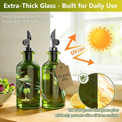 Olive Oil Dispenser Bottle for Kitchen, 12oz/350ml Extra Thick Glass Oil and Vinegar Cruet with Stainless Steel Pourer, Funnel & Cleaning Brush, Premium Oil Dispenser Set (Avocado)