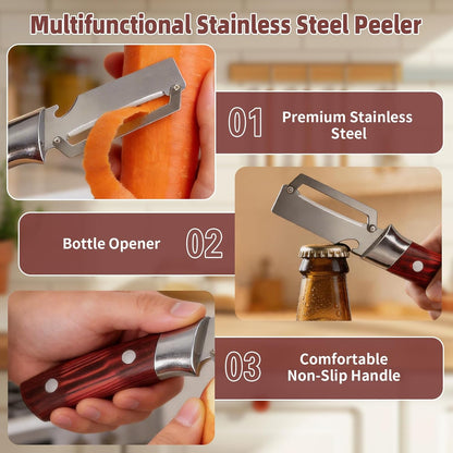 Multifunctional Vegetable Peeler, 3 in 1 Julienne Peeler with Wooden Handle, Vegetable Shredder with Bottle Opener Kitchen Tool for Peeling Veggie Fruit Pineapple Pumpkin Papaya Carrrot(2 Pack)