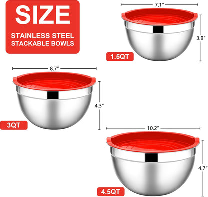 E-far Mixing Bowls with Lids, 6-Piece Stainless Steel Salad Bowls Metal Nesting Bowls for Baking Cooking and Prepping, Airtight Lids & Stackable Design, Size 4.5, 3, 1.5 QT (Black)