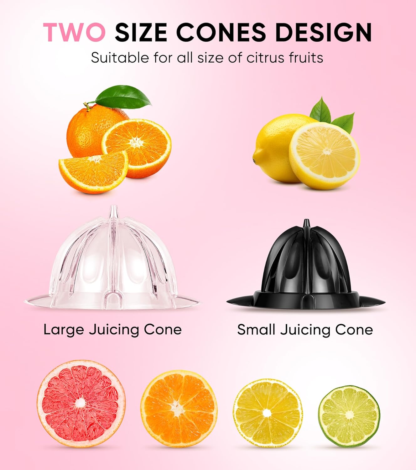 Electric Orange Juicer, Citrus Juicer Squeezer with 2 Cones and Soft Grip Handle for Effortless Juicing, Stainless Steel Quiet Orange Juice Extractor Machines for Lime Grapefruit Lemon