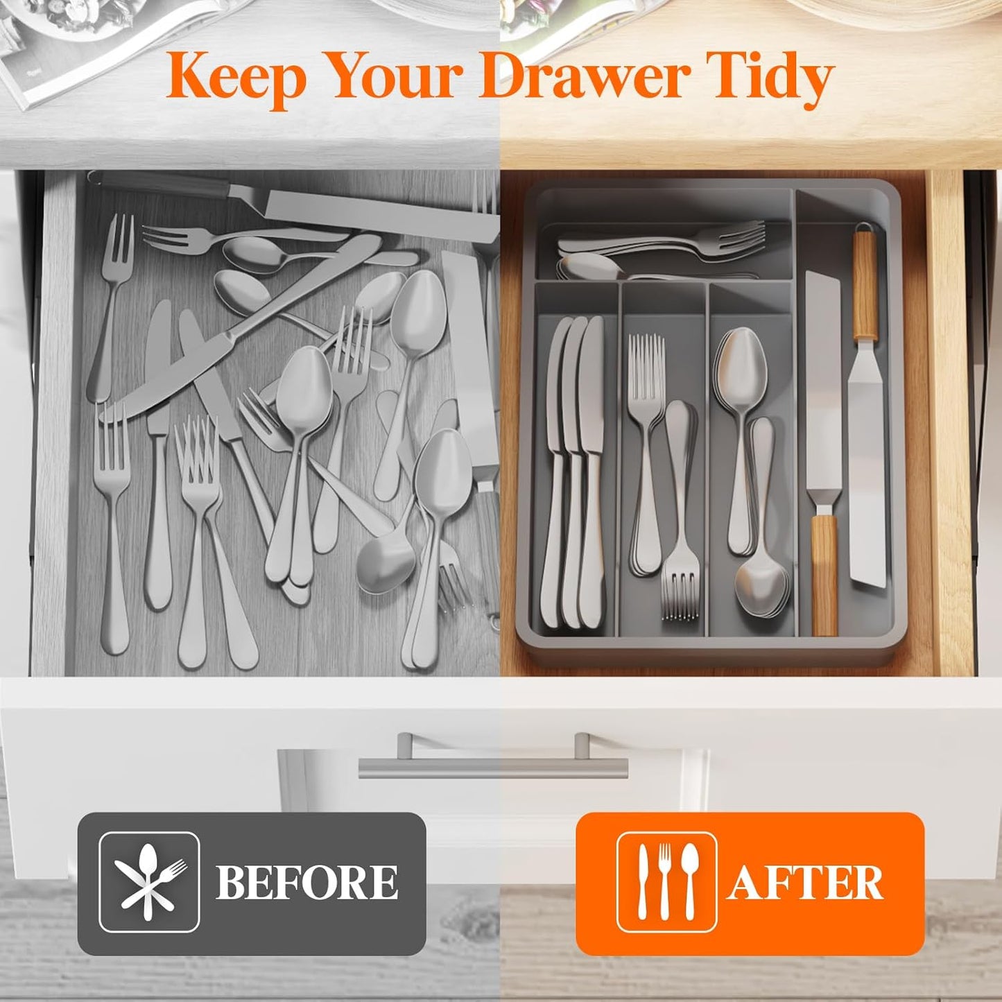 Lifewit Silverware Drawer Organizer Tray, Plastic Cutlery Storage for Kitchen, Flatware and Utensil Holder Divider for Spoons Forks Knives Tableware, 9.1 x 12.6", 5 Slots, Black
