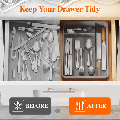 Lifewit Silverware Drawer Organizer Tray, Plastic Cutlery Storage for Kitchen, Flatware and Utensil Holder Divider for Spoons Forks Knives Tableware, 9.1 x 12.6", 5 Slots, Black