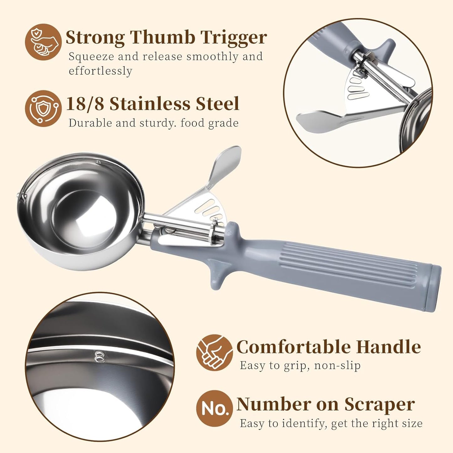 HOMURE H 4 oz Scoop, Large Ice Cream Scoop with Trigger, #8 Disher, Muffin Scoop, Portion Scoop, Cookie Scoop for Baking, Grey Handle, for Making Ice Cream Cookie Muffin Cupcake Mashed Potato