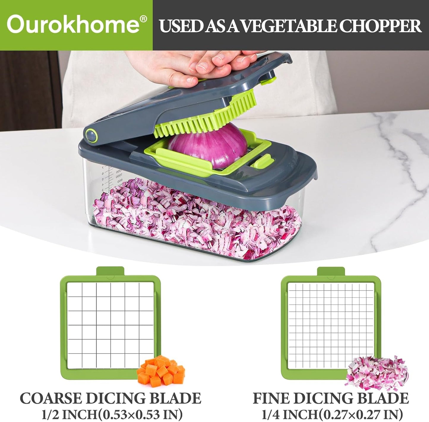 Ourokhome Veggie Chopper and Dicer with Container, Manual Hand Food Mandolin Slicer with 4 in 1 Handheld Vegetable Spiralizer for Zucchini, Potato, Onion, Essential Kitchen Gadgets (12 in 1, Gray)