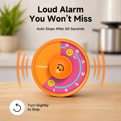 60-Minute Visual Timer, Twist to Set, Loud Battery-Powered Alarm, High-Visibility Rotary Countdown Dial for Kitchen, Work, Study & Time Management (Orange)