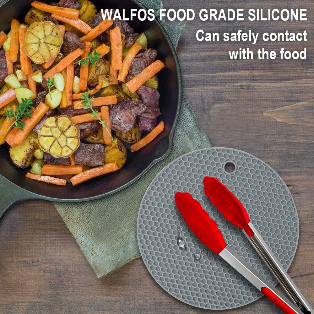 Walfos Silicone Trivet Mats - 4 Heat Resistant Pot Holders, Multipurpose Non-Slip Hot Pads for Kitchen Potholders, Hot Dishers, Jar Opener, Spoon Holder, Food Grade Silicone & BPA Free (Black)