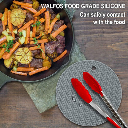 Walfos Silicone Trivet Mats - 4 Heat Resistant Pot Holders, Multipurpose Non-Slip Hot Pads for Kitchen Potholders, Hot Dishers, Jar Opener, Spoon Holder, Food Grade Silicone & BPA Free (Black)
