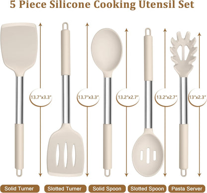 TeamFar Cooking Utensils Set, 5 PCS Silicone Kitchen Utensils with Stainless Steel Handle, for Nonstick Cookware Flipping Frying Turning Draining, Heatproof & Healthy, Nonstick & Easy Clean, Black
