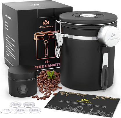 Coffee canister for ground coffee with Scoop Date Tracker One Way Co2 Valve 304 Stainless Steel Kitchen Food Airtight storage container for Coffee Beans,Grounds,Tea,Sugar (Black, 16oz)