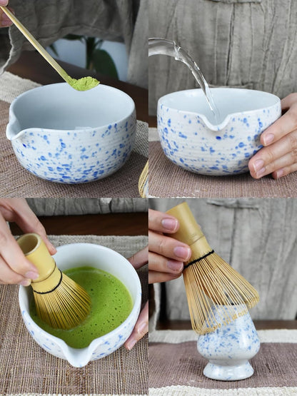 Artcome 4 Pcs Complete Matcha Ceremony Kit - Japanese Bowl With Pouring Spout, Whisk, Holder, Scoop - Tea Set for Making Usucha, Koicha and Latte (Green)
