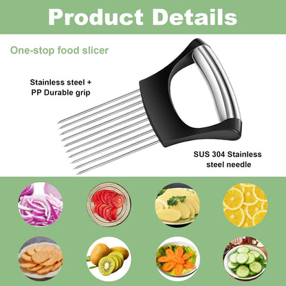 Stainless Steel Onion Holder for Slicing & Crinkle Cutter - Onion Slicer Holder, French Fry Cutter, Vegetable Cutter for Potatoes, Lemon, Tomatoes - Multi-Use Kitchen Gadgets with Ergonomic Handle