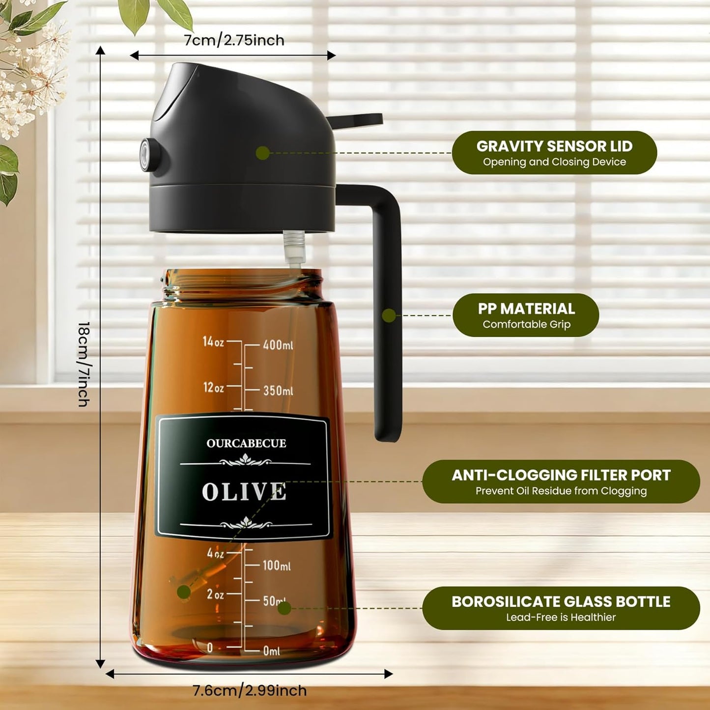 OURCABECUE 2 in 1 Olive Oil Sprayer for Cooking, 16oz/470ml Light-Blocking Dark Olive Oil Dispenser Bottle for Kitchen, Food-Grade Glass Oil Mister with 8 Oil Stickers