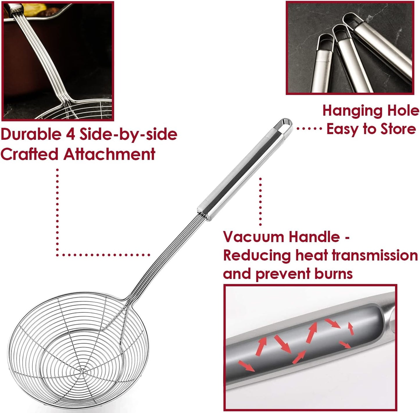 KEISSCO Stainless Steel Spider Strainer Skimmer Spoon For Frying and Cooking - Set of 3 Solid Wire Asian Strainer Ladle Pasta Strainer with Long Handle, Professional Kitchen Skimmer Ladle