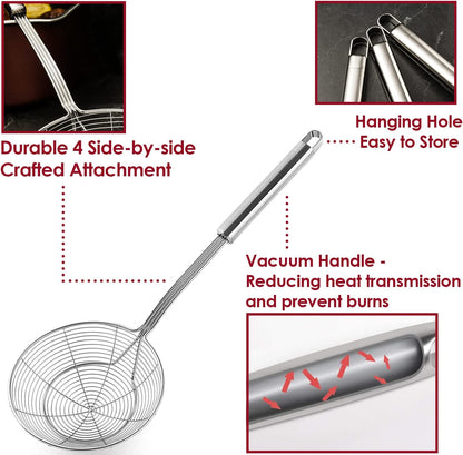 KEISSCO Stainless Steel Spider Strainer Skimmer Spoon For Frying and Cooking - Set of 3 Solid Wire Asian Strainer Ladle Pasta Strainer with Long Handle, Professional Kitchen Skimmer Ladle
