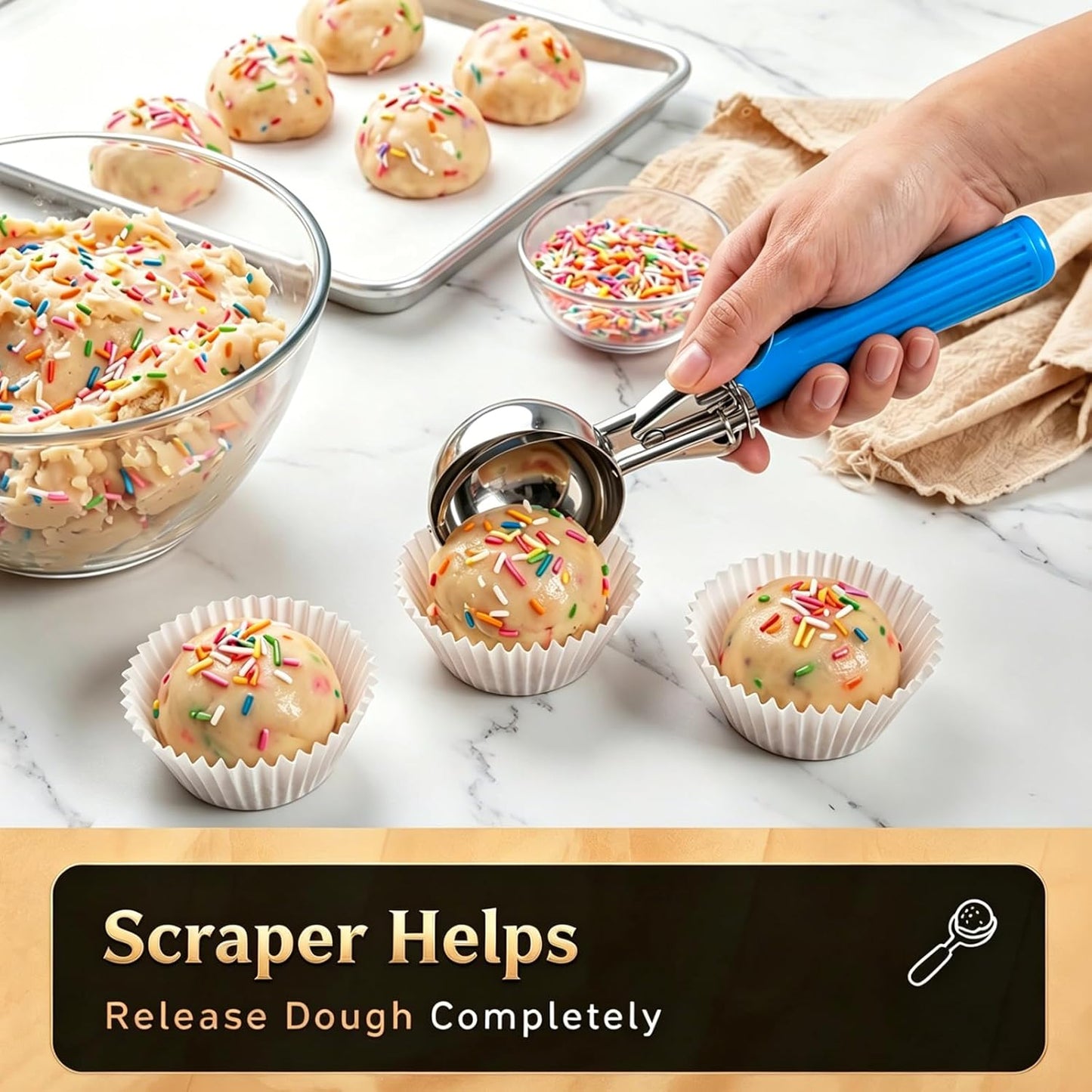 Fayomir 2 oz Scoop, Cookie Scoop for Baking, 2 oz Ice Cream Scoop with Trigger, #16 Disher, Portion Scoop, Blue Handle, Food Scoop for Ice Cream, Muffin, Cupcake Batter, Mashed Potato, Cookie Dough
