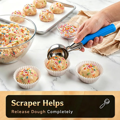 Fayomir 2 oz Scoop, Cookie Scoop for Baking, 2 oz Ice Cream Scoop with Trigger, #16 Disher, Portion Scoop, Blue Handle, Food Scoop for Ice Cream, Muffin, Cupcake Batter, Mashed Potato, Cookie Dough