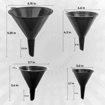 LIQVEE™ Funnel Set (4 Sizes: 122, 101, 76, 50mm) - Durable, Non-Toxic, Food-Grade Plastic funnels for Filling Bottles and containers. Ideal for Kitchen, Garage, or Labs. Perfect for Precise Pouring.