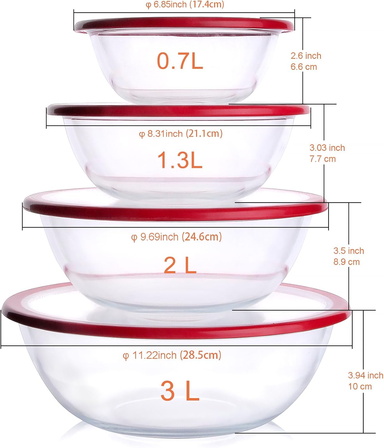 4.5L Round Glass Mixing Bowl with Lids, Glass Salad Bowls with BPA free cover. Oven, Microwave and Dishwasher Safe.
