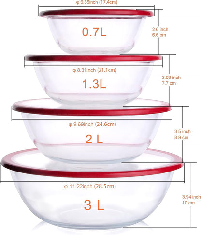 4.5L Round Glass Mixing Bowl with Lids, Glass Salad Bowls with BPA free cover. Oven, Microwave and Dishwasher Safe.