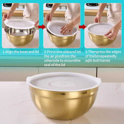 4 Piece Gold Mixing Bowls With Lids for Kitchen, Stainless Steel Set Ideal for Baking, Prepping, Cooking and Serving Food, Nesting Metal Bowls for Space Saving Storage