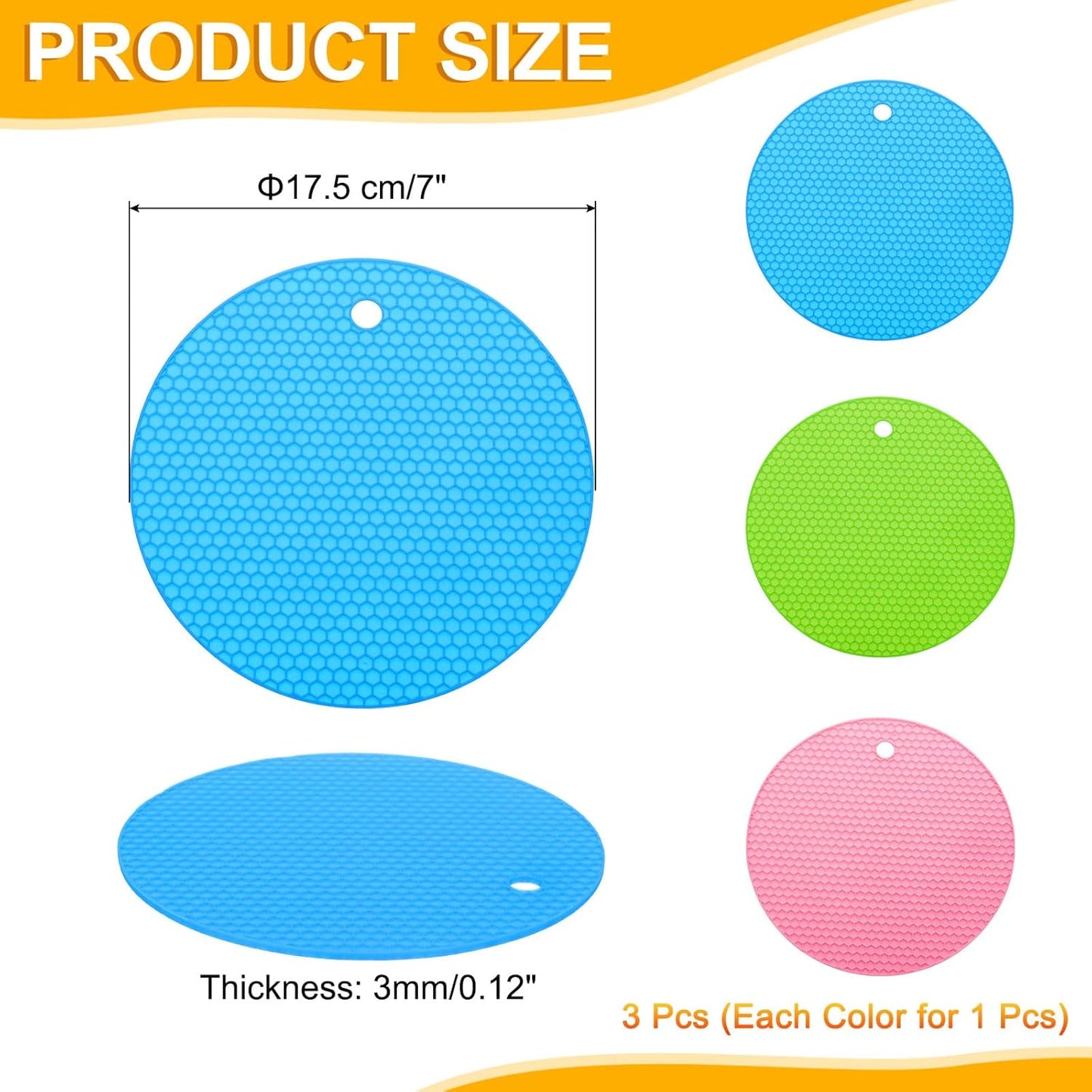 uxcell 3pcs Silicone Jar Opener Pads, 17.5cm/7" Texture Can Opener Multipurpose Round Bottle Lid Opener Non-Slip Coasters for Weak Hands Seniors Children, Orange, Blue, Gray