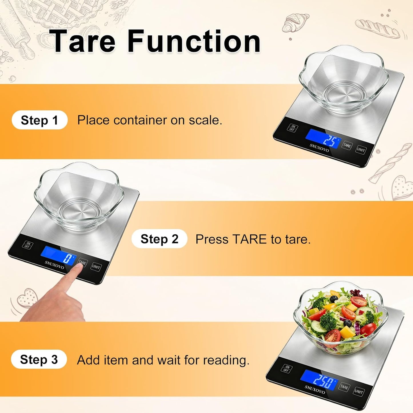 Food Scale, 33lb Digital Kitchen Scale, Stainless Steel Waterproof, 1g/0.05oz Precise Graduation, Grams and Ounces, Dual Power (Battery & USB Charging), for Cooking Baking Weight Loss