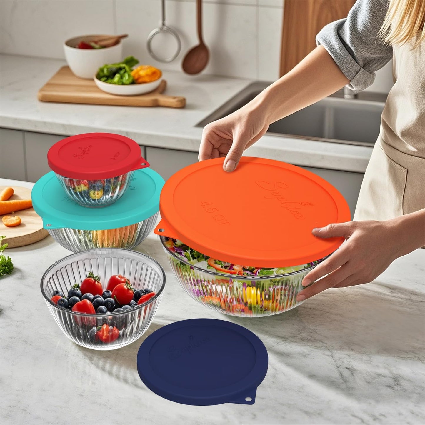 SOPHICO Silicone Replacement Lids for Pyrex Sculpted Glass & Tinted Glass Bowls Mixing Bowls（4 size）