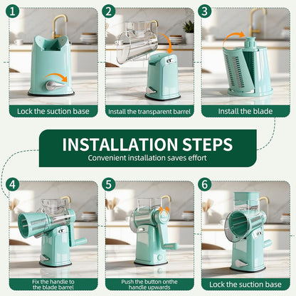The CoveCarol rotary cheese grater comes with 5 blades and 3 tools: a round mandolin slicer and a food shredder. Suitable for fruits, vegetables, nuts, etc., it includes a blade storage box. (White)