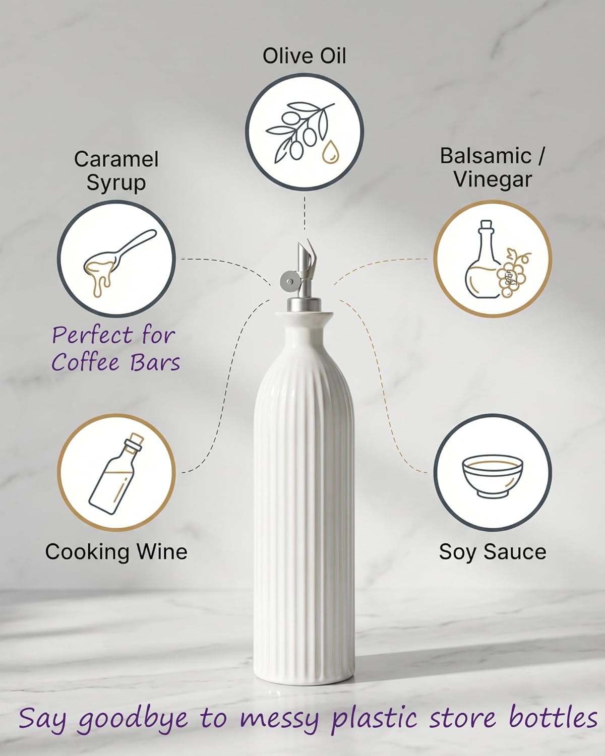 17 oz Ceramic Olive Oil Bottle Dispenser for kitchen with Stainless Automatic Spout, Stoneware 500ml Oil, Vinegar, Soy Sauce, Coffee Syrup, and Liquids container - Deep Gray-Blue